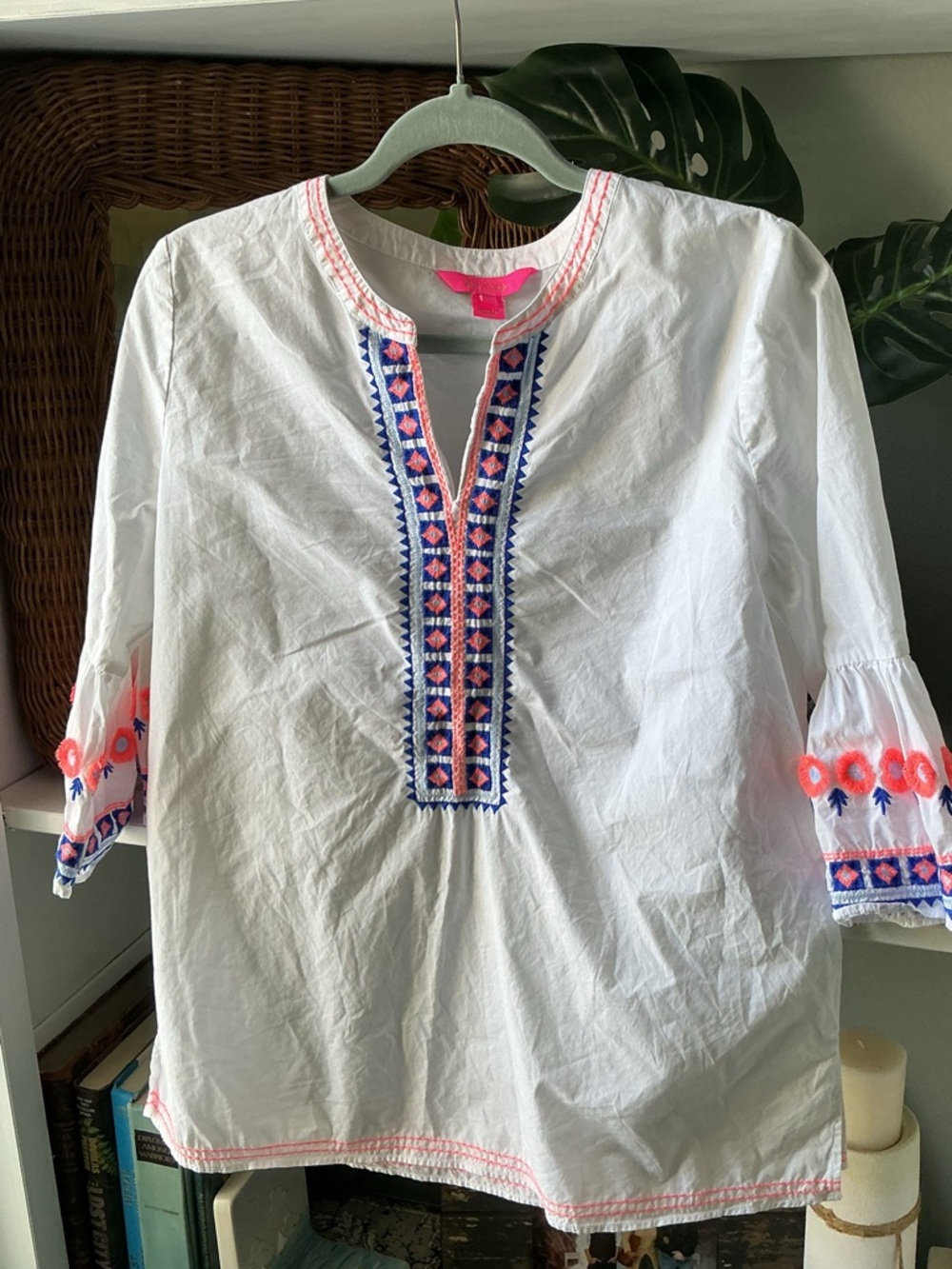 Lilly Pulitzer White Top with Pink Trim and Navy Accents